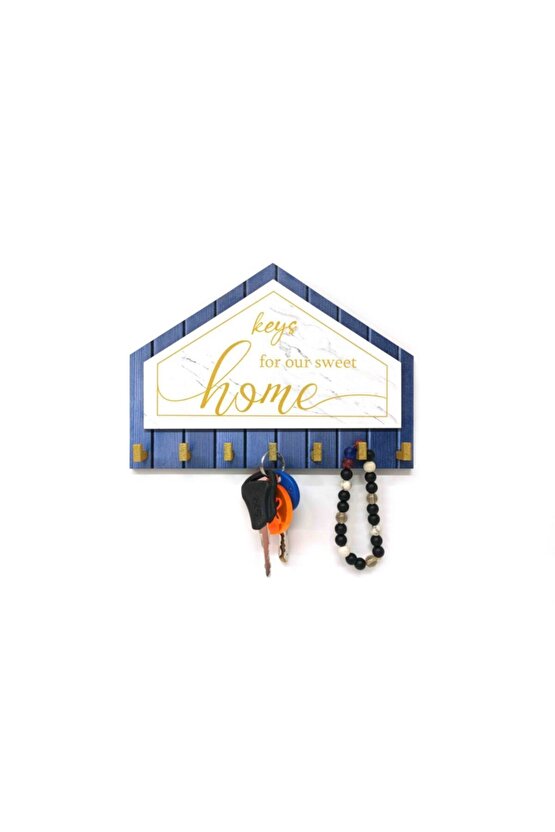 Mavi Beyaz Sarı Dekoratif Üçgen Ahşap Desenli Keys For Home Anahtarlık
