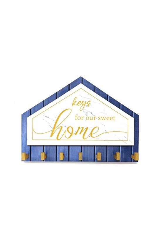 Mavi Beyaz Sarı Dekoratif Üçgen Ahşap Desenli Keys For Home Anahtarlık