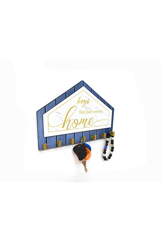 Mavi Beyaz Sarı Dekoratif Üçgen Ahşap Desenli Keys For Home Anahtarlık