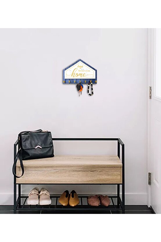 Mavi Beyaz Sarı Dekoratif Üçgen Ahşap Desenli Keys For Home Anahtarlık