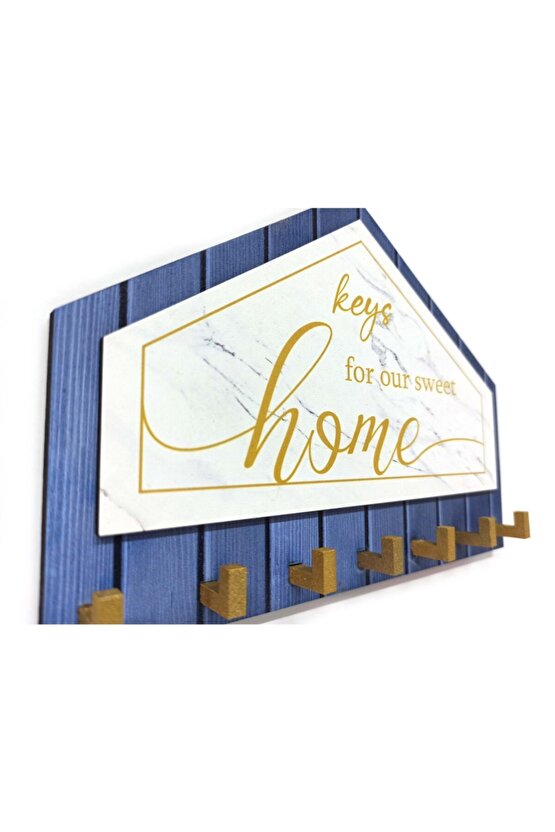 Mavi Beyaz Sarı Dekoratif Üçgen Ahşap Desenli Keys For Home Anahtarlık