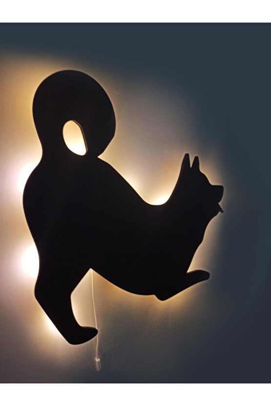 Oyuncu Köpek Led Işıklı Siyah Ahşap Tablo Duvar Dekoru