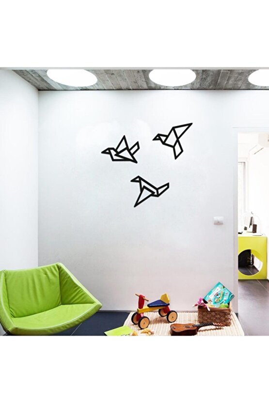 Ahşap Geometrik Kesim Modern Üçlü Kuş Duvar Tablosu Dekor