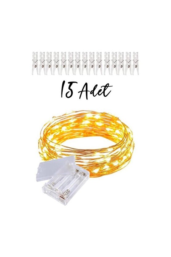 3 Metre Sarı Peri Led Işık 15 Adet Şeffaf Mandal Anı Set