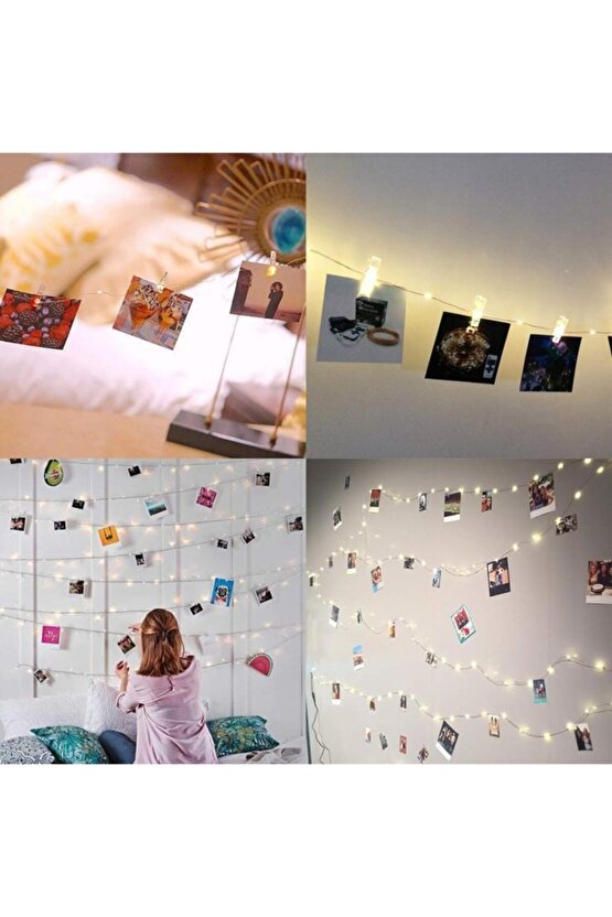 3 Metre Sarı Peri Led Işık 15 Adet Şeffaf Mandal Anı Set