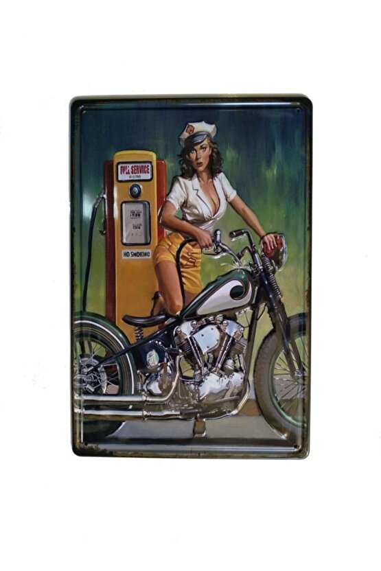 Motorcu Kız Temalı 20x30 Cm Metal Plaka Metal Tablo