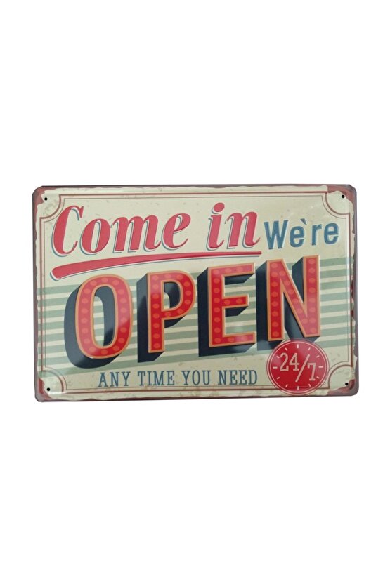 Open Açık Yazılı Retro Kabartma Metal Plaka 20x30 cm Metal Tablo