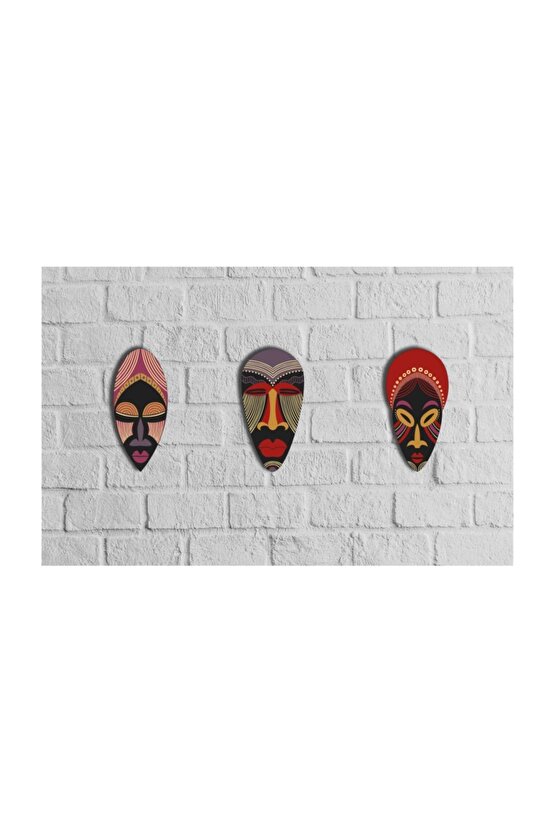 Dekoratif Üçlü Ahşap Tablo Otantik Kabile Maske Mask Set