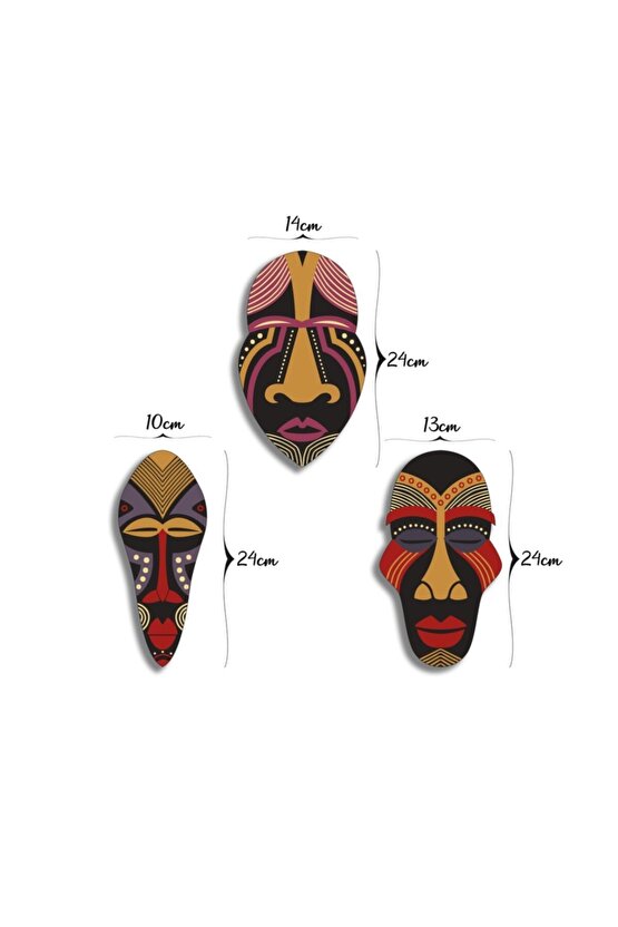 Dekoratif Üçlü Ahşap Tablo Otantik Maske Kabile Mask Süs