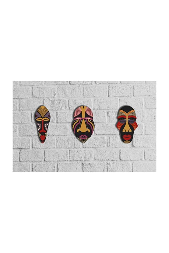 Dekoratif Üçlü Ahşap Tablo Otantik Maske Kabile Mask Süs