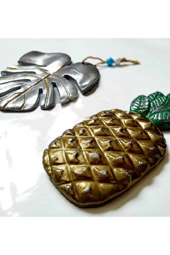 Dekoratif İkili Ananas ve Yaprak Duvar Süsü İkili Set Ev Dekoru
