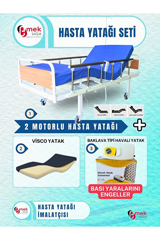 2 Motorlu Mdf Başlıklı Tabanca Korkuluklu Hasta Karyolası + Visco Yatak + Baklava Tipi Havalı Yatak