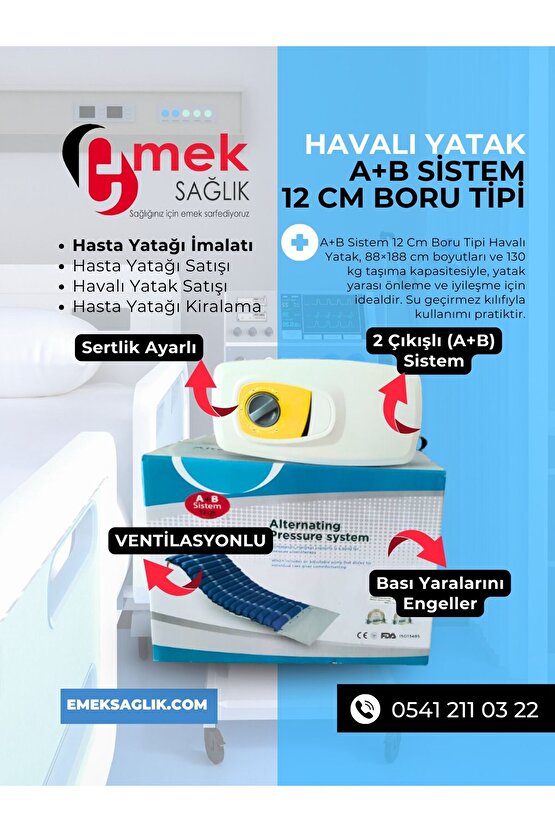 2 Motorlu MDF Başlıklı Tabanca Korkuluklu Hasta Yatağı+4Parçalı Yatak+A+B12cm Boru Tipi HavalıYatak
