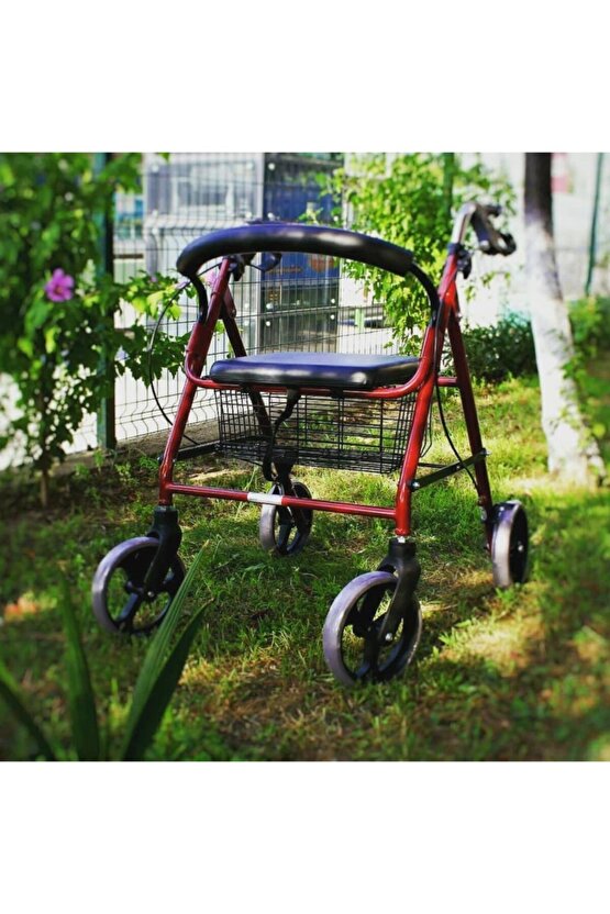Tekerlekli Frenli Sepetli Oturaklı Dört Tekerlekli Yürüteç Rolatör