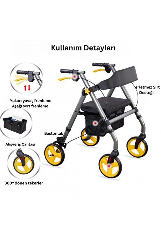 Tekerlekli Yürüme Desteği Yürüteç Rollatör Yaşlı Yürümeye Destek Araç Aparat