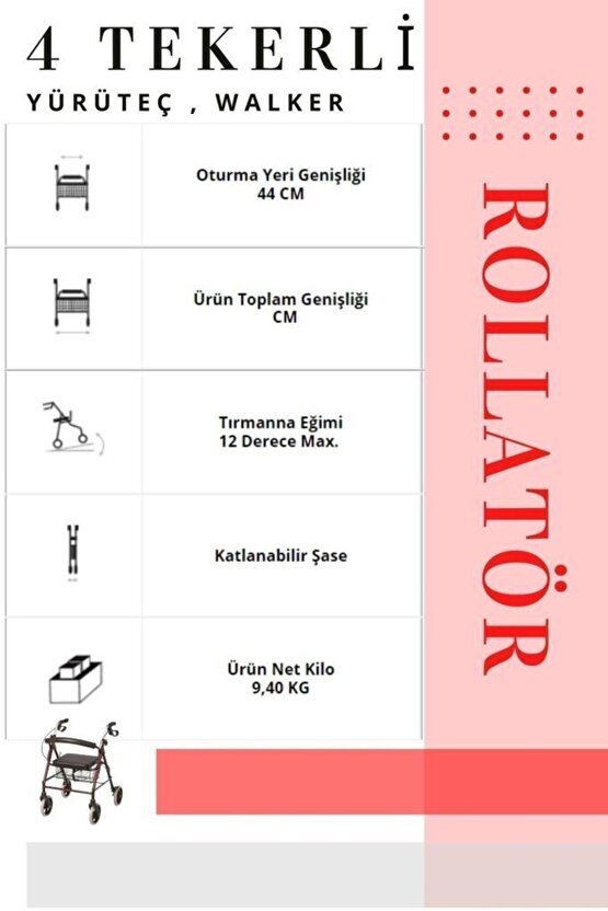 Rolatör 4 Tekerli Yürüteç | Rollatör | Lüx Oturaklı
