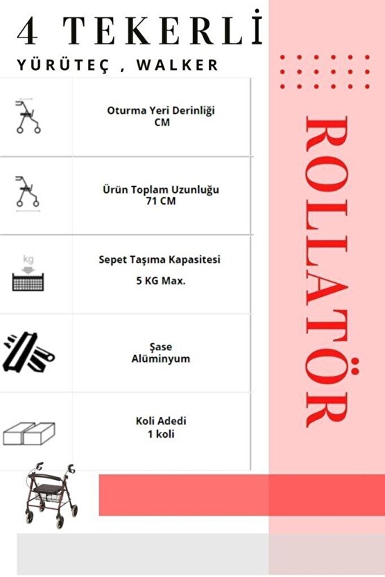 Rolatör 4 Tekerli Yürüteç | Rollatör | Lüx Oturaklı