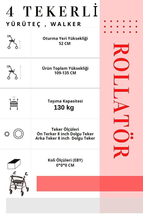 Rolatör 4 Tekerli Yürüteç | Rollatör | Lüx Oturaklı