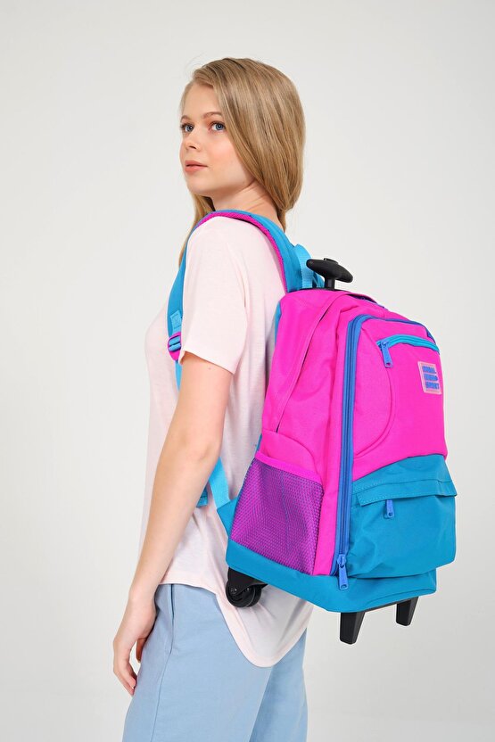 Coral High Sport Pembe Mavi Dört Bölmeli USB’li Çekçekli Sırt Çantası 