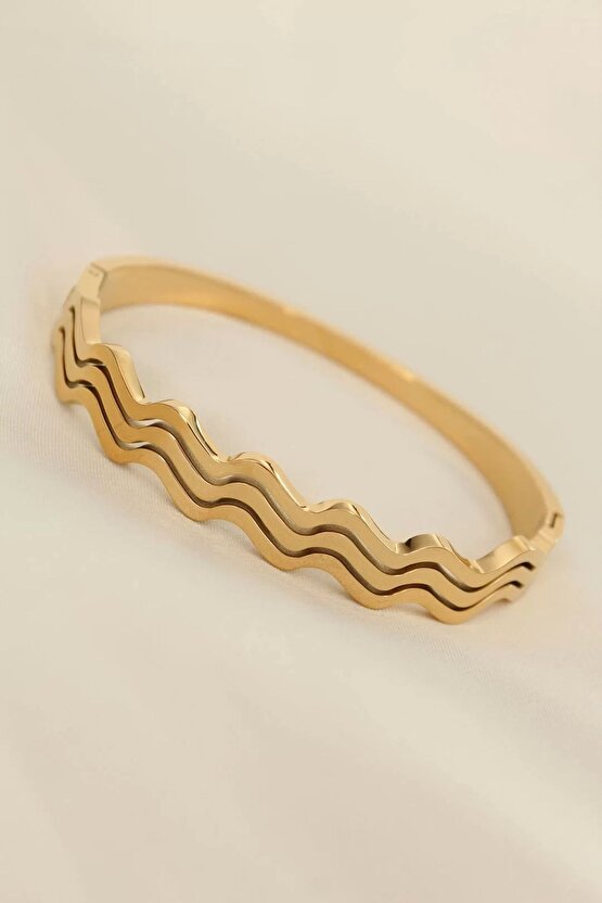 Çelik Gold Renk Dalgalı Model Kelepçe Bilezik