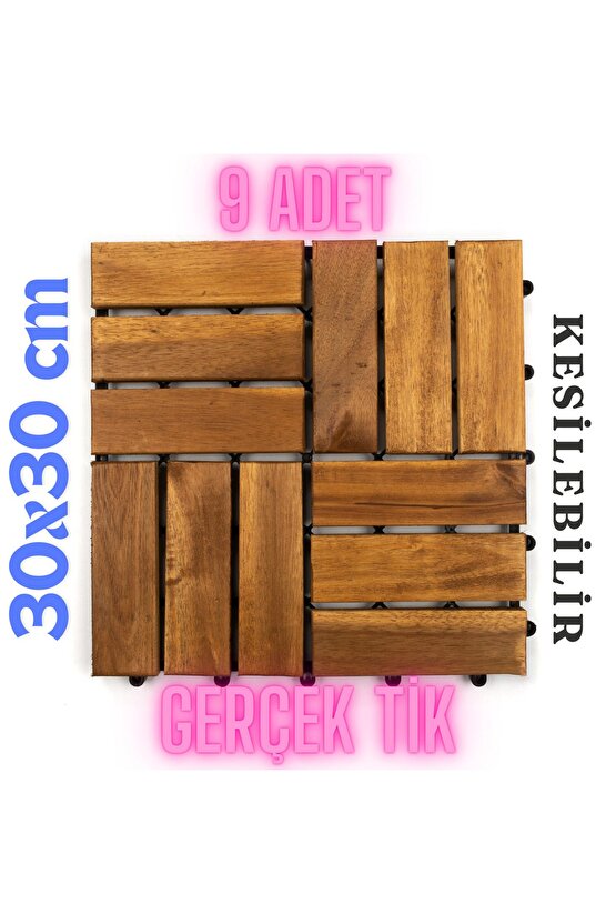 Teak Ağacı Yer Karosu 9 Adet 1 Koli Bahçe Banyo Deck Ahşap Karo Masif Yer Döşemesi Balkon Deck