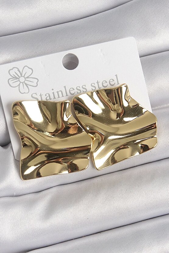 316 Çelik Gold Renk Dalgalı Plaka Kare Model Kadın Küpe