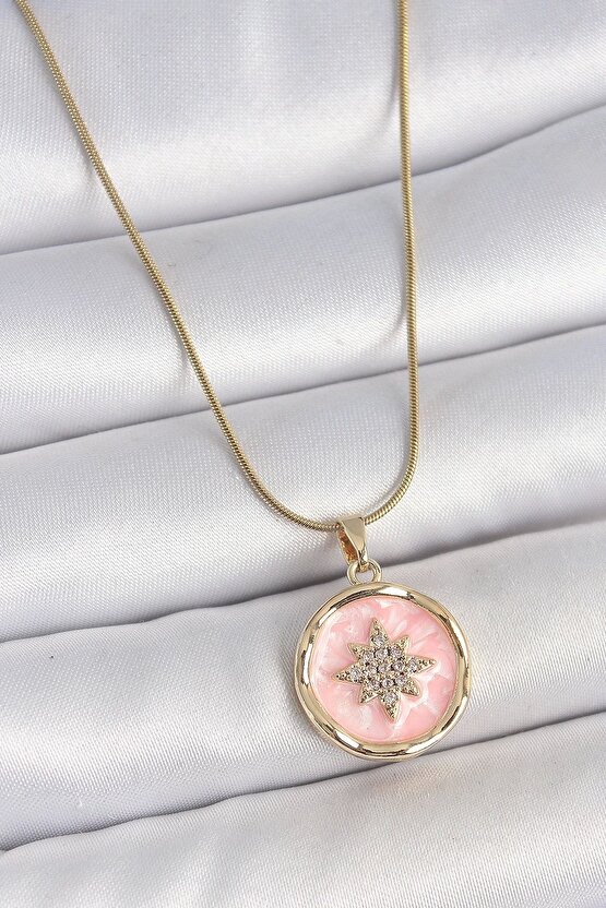 316L Çelik Gold Renk Zincir Pembe Mineli Zirkon Taşlı Kuzey Yıldız İşlemeli Madalyon Model Kadın Kol