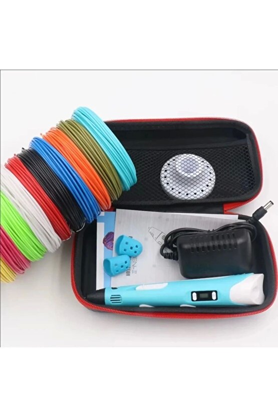 3d Pen Üç Boyutlu Yazıcı Kalem Printer (12 Adet 3 Metre Filament -36 Metre Led Ekranlı Adatörlü