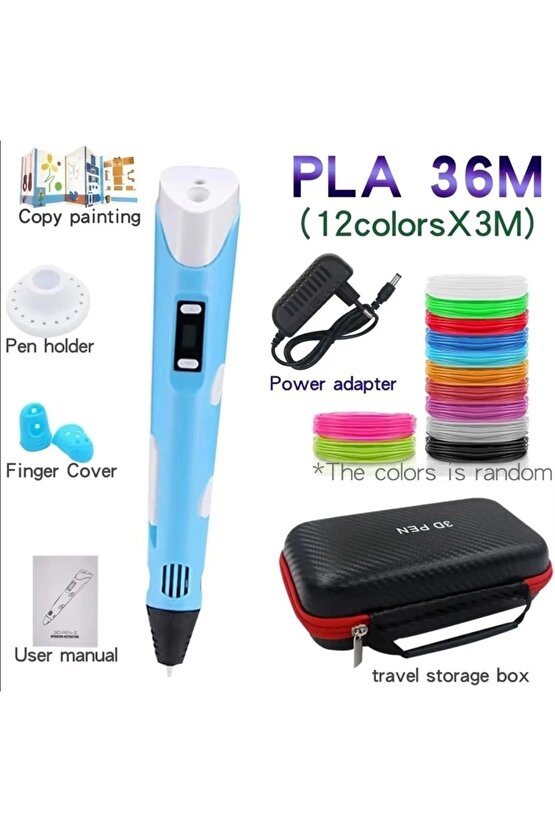 3d Pen Üç Boyutlu Yazıcı Kalem Printer (12 Adet 3 Metre Filament -36 Metre Led Ekranlı Adatörlü