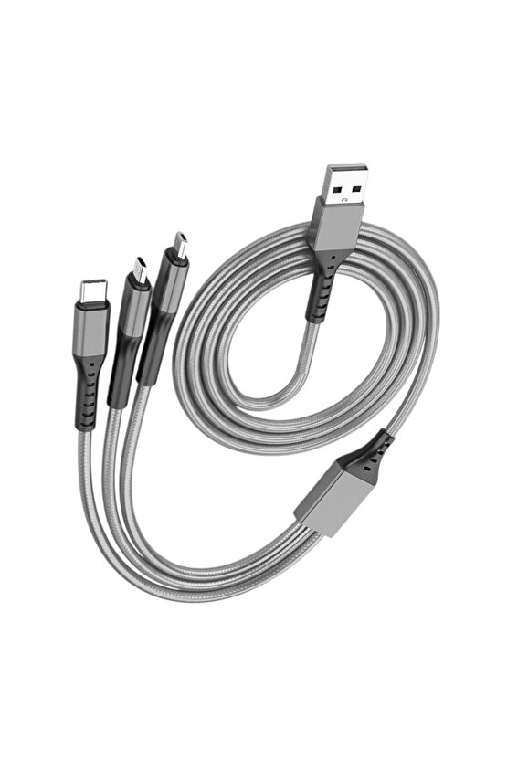 3IN1 GÜMÜŞ 1.2 METRE (MICRO USB - LIGHTNING - TYPE C) TELEFON ŞARJ KABLOSU (4767)