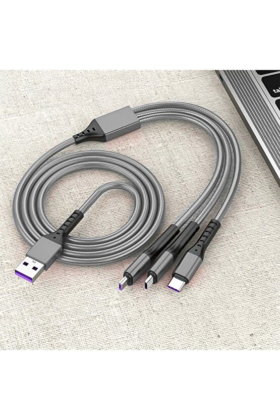 3IN1 GÜMÜŞ 1.2 METRE (MICRO USB - LIGHTNING - TYPE C) TELEFON ŞARJ KABLOSU (4767)