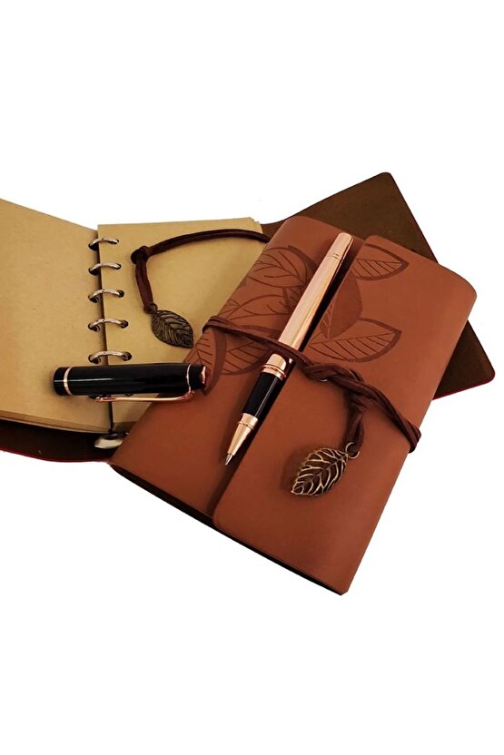Özel Ahşap Kutulu Taba Deri Defter Ve Bakır Roller Kalem Set