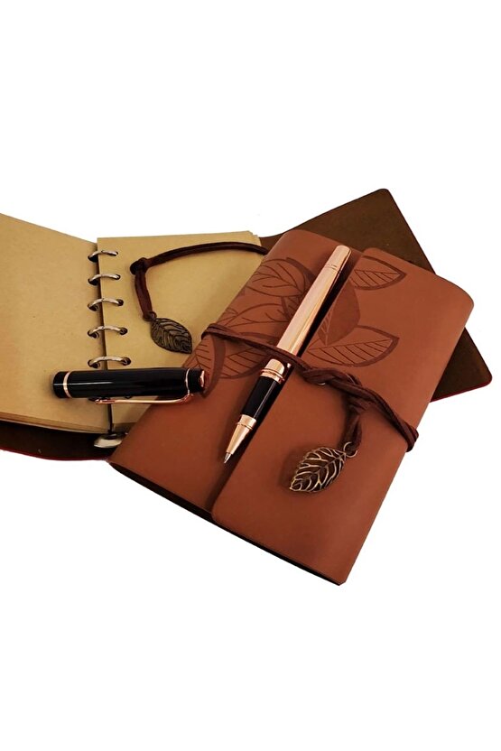 Ahşap Kutulu Taba Renk Deri Defter Ve Kalem Set