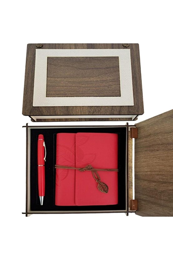 Özel Ahşap Kutulu Kırmızı Deri Defter Ve Kalem Set