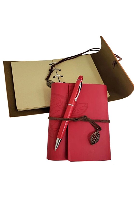 Ahşap Kutulu Kırmızı Deri Defter Ve Metal Kalem Set