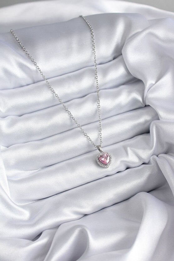 316l Çelik Zincir Gümüş Renk Pembe Zirkon Taş Charm Model Kadın Kolye
