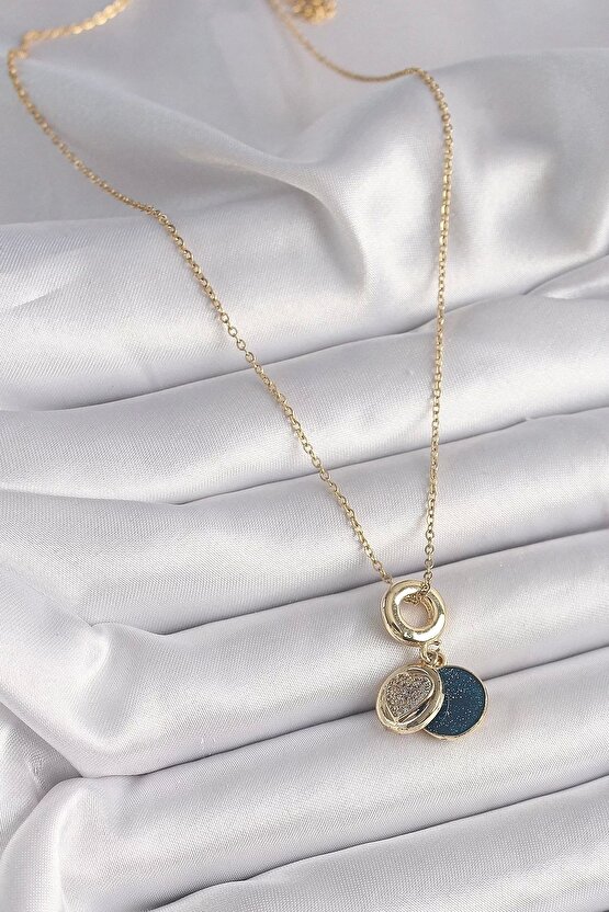 316l Çelik Gold Renk Zincir Zirkon Taşlı Kalp Model Mavi Simli Kadın Kolye
