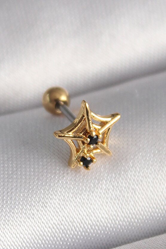 316l Çelik Gold Renk Siyah Zirkon Taş Detay Örümcek Ağ Model Tragus Piercing