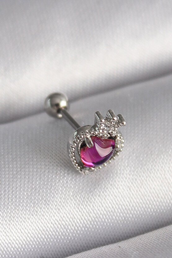 316l Çelik Gümüş Renk Pembe Mineli Kalp Zirkon Taş Detaylı Taç Tragus Piercing