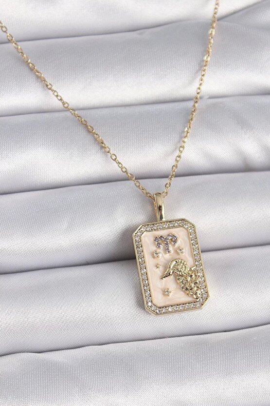 316L Çelik Gold Renk Zincir Koç Burcu Zirkon Taşlı Kadın Kolye