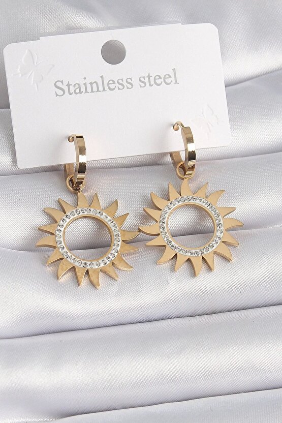 316l Çelik Gold Renk Zirkon Taşlı Güneş Model Kadın Küpe