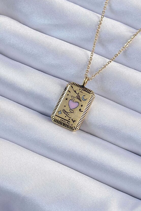 316l Çelik Zincir Eskitme Altın Renk Pembe Mineli Kalp Figürlü Tarot Kolye