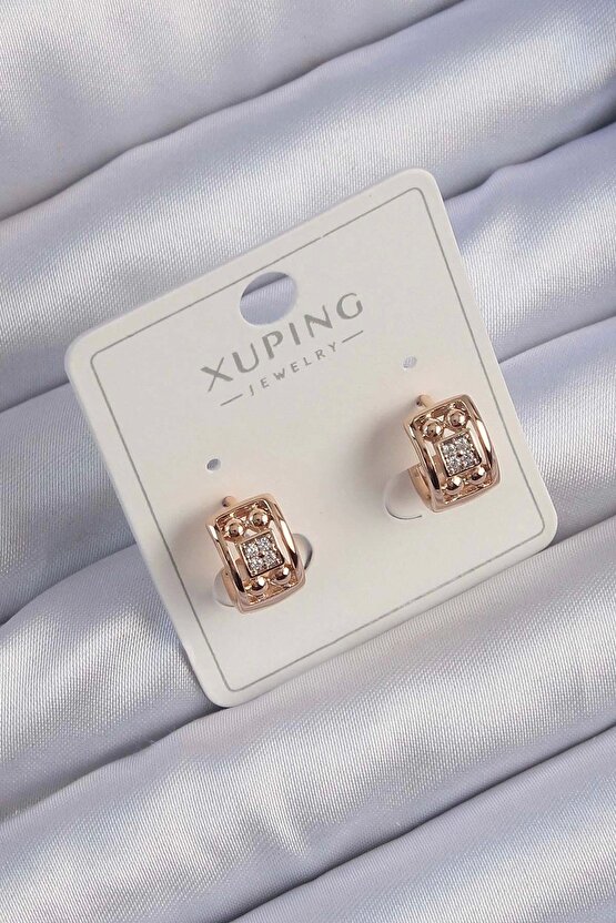 Xuping Rose Renk Zirkon Taşlı Geometrik Desenli Halka Küpe - Tj-bkp9425