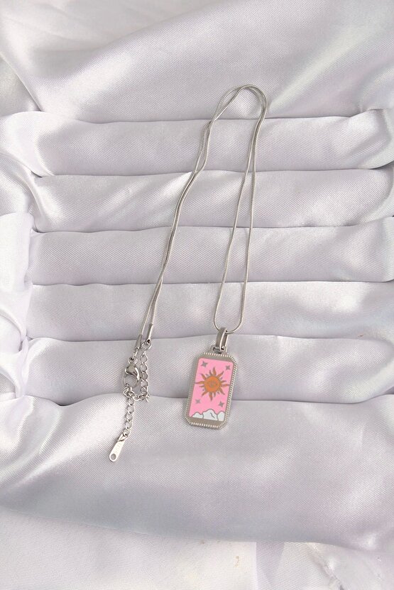 316l Çelik Gümüş Renk Pembe Mineli Güneş Model Tarot Kolye