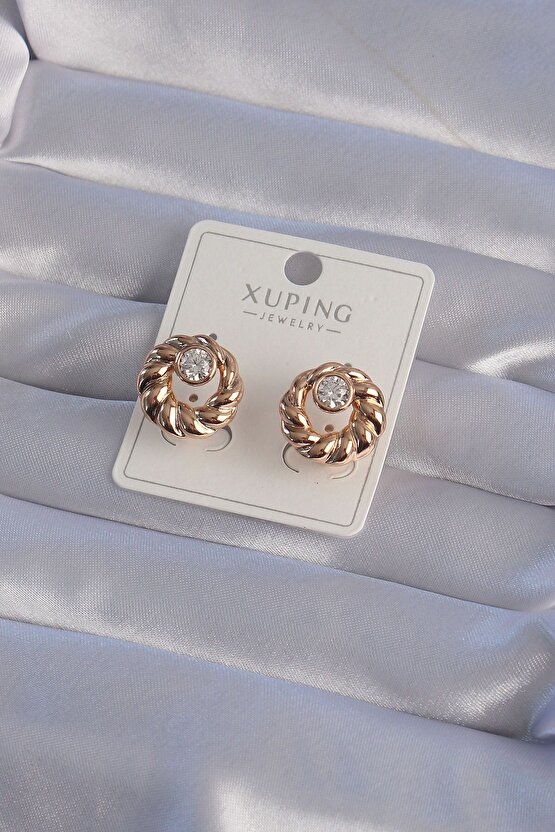 Rose Renk Oval Zirkon Taşlı Burgu Model Küpe