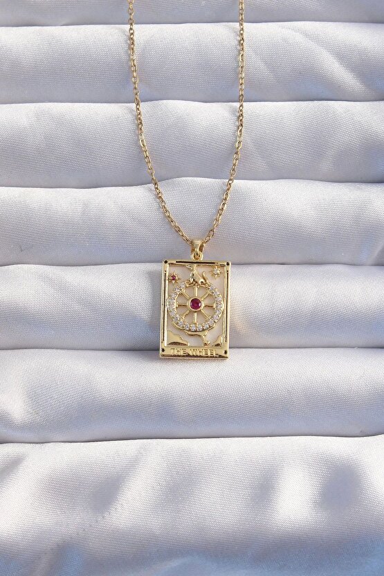 316l Çelik Zincir Gold Renk Pembe Zirkon Taşlı Tarot Kolye