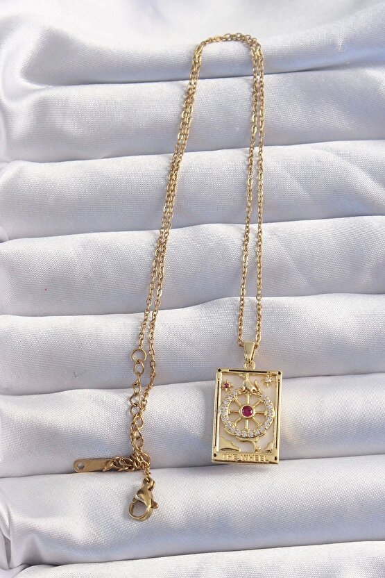 316l Çelik Zincir Gold Renk Pembe Zirkon Taşlı Tarot Kolye