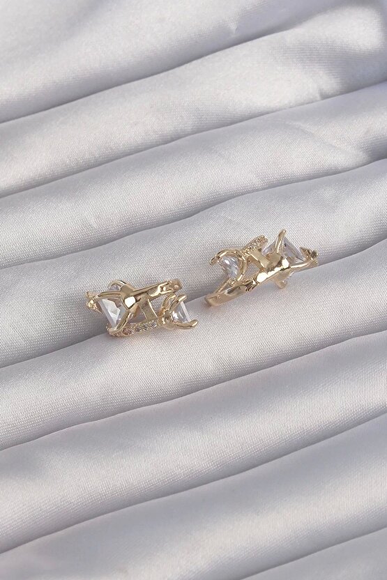 Pirinç Gold Renk Iri Zirkon Taşlı Kıvrımlı Minimal Kelebekli Halka Küpe