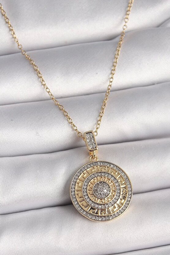316L Çelik Gold Renk Zincir Zirkon Taşlı Madalyon Model Labirent İşleme Kadın Kolye