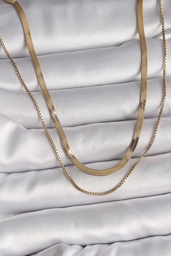 316l Çelik Gold Renk 2li Italyan Zincir Model Kadın Kolye